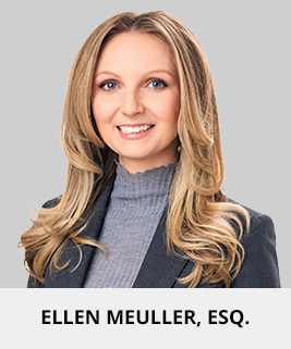 Professional headshot of attorney Ellen Meuller with five-star review.